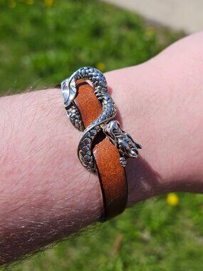 925 Sterling Silver John Hardy Legends Naga Brown Leather Bracelet 6.5 Inches